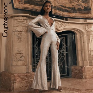Cryptographic 2019 Winter Sexy V-Neck Glitter Jumpsuits Elegant Long Sleeve Overalls for Women Flare Jumpsuit Party Club